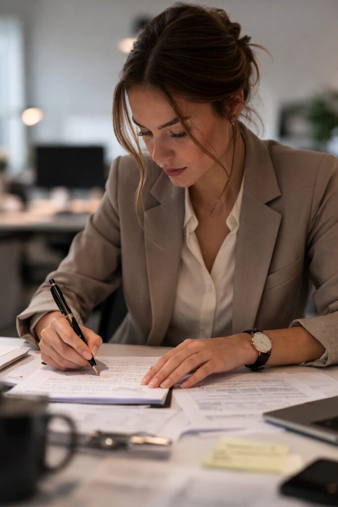 young female resume writer writing at a desk