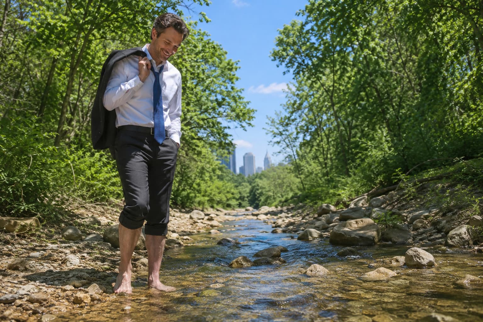 Businessman walking in wilderness